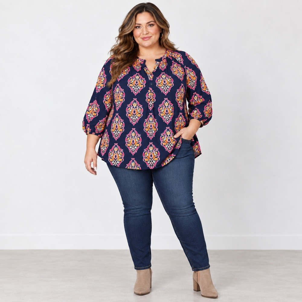 Crown & Ivy Womens 2X Blouse Colorful Paisley Preppy Relaxed Fit Layering Casual